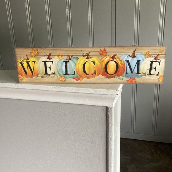 NWT Stunning Colorful Pumpkins Black Glittered Wooden Welcome Decoration Sign - Picture 16 of 17